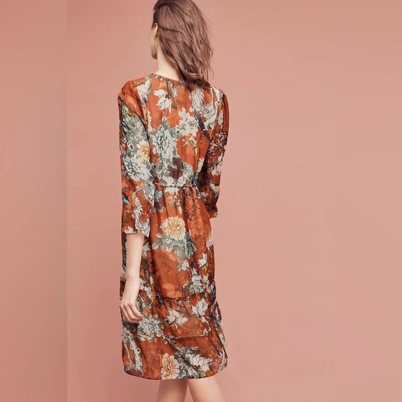 Hemant & Nandita Zeri Dress Size 4 Floral Boho Peasant Rust Orange Anthropologie - Picture 2 of 8